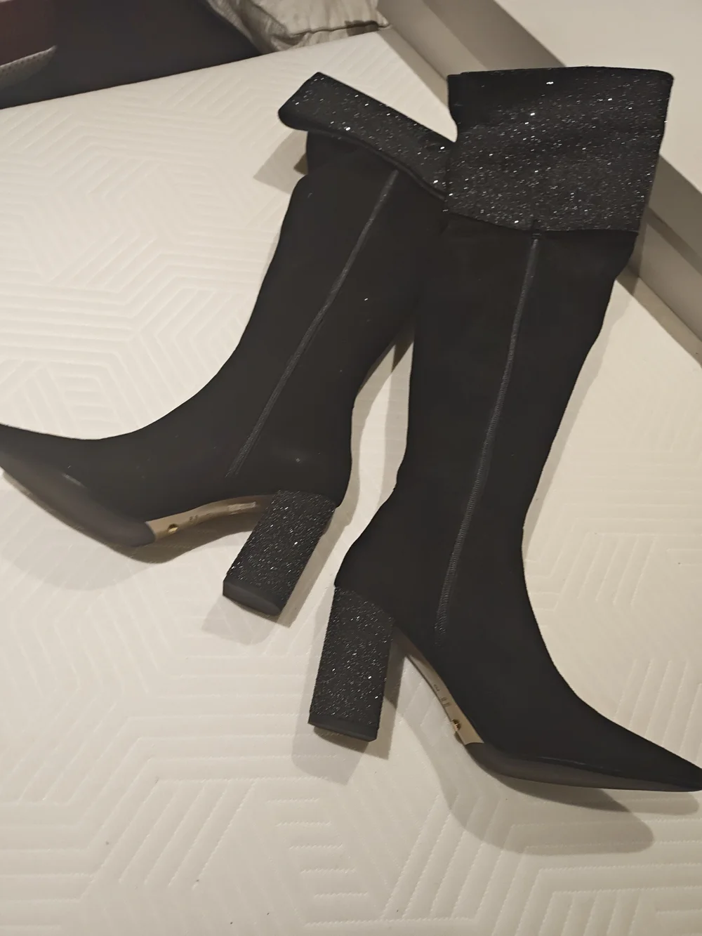 Black Glitter Cuff Over-the-Knee Block Heel Boots 39